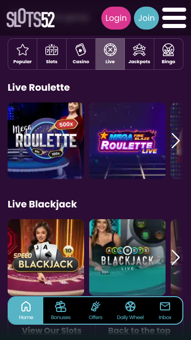 Slots52 Casino mobiler Live-Dealer