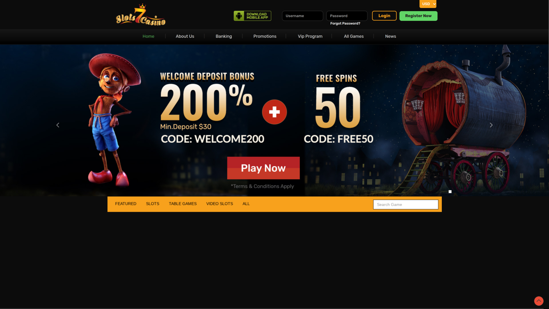 Page d'accueil de bureau de Slots7 Casino