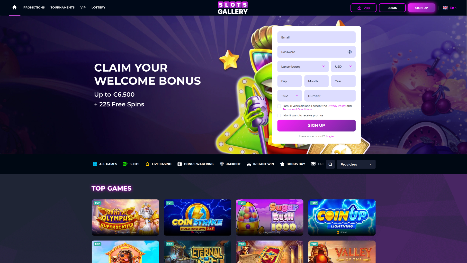 Page d'accueil de la version de bureau de Slots Gallery Casino