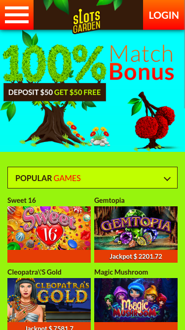 Slots Garden Casino Mobile Homepage