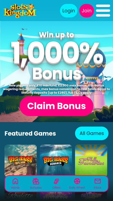 Página de inicio móvil de Slots Kingdom Casino