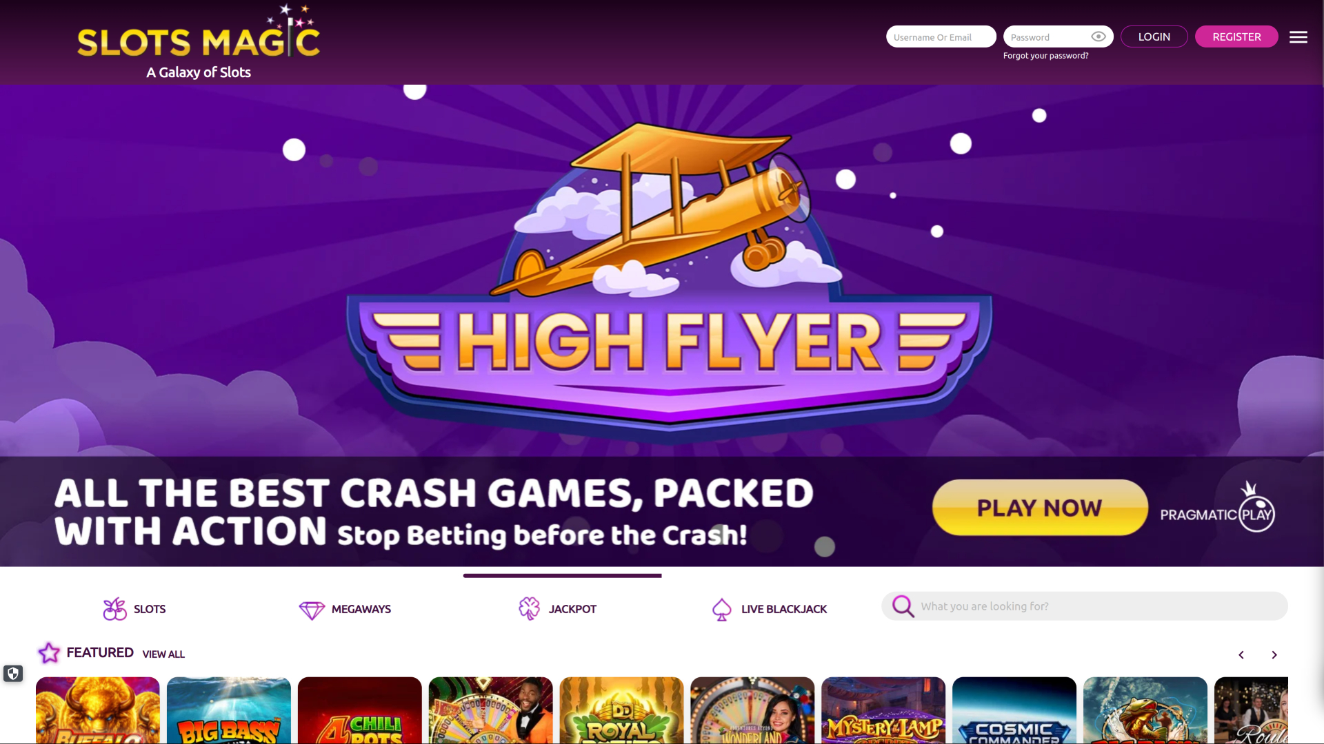 Página de inicio de escritorio de Slots Magic Casino