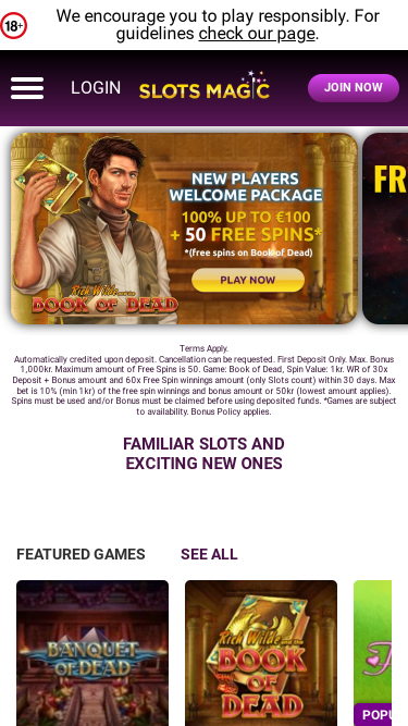 Page d'accueil mobile de Slots Magic Casino