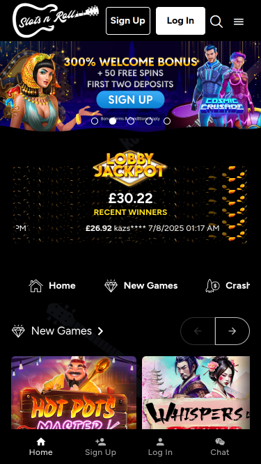 Page d'accueil mobile de Slots N Roll Casino