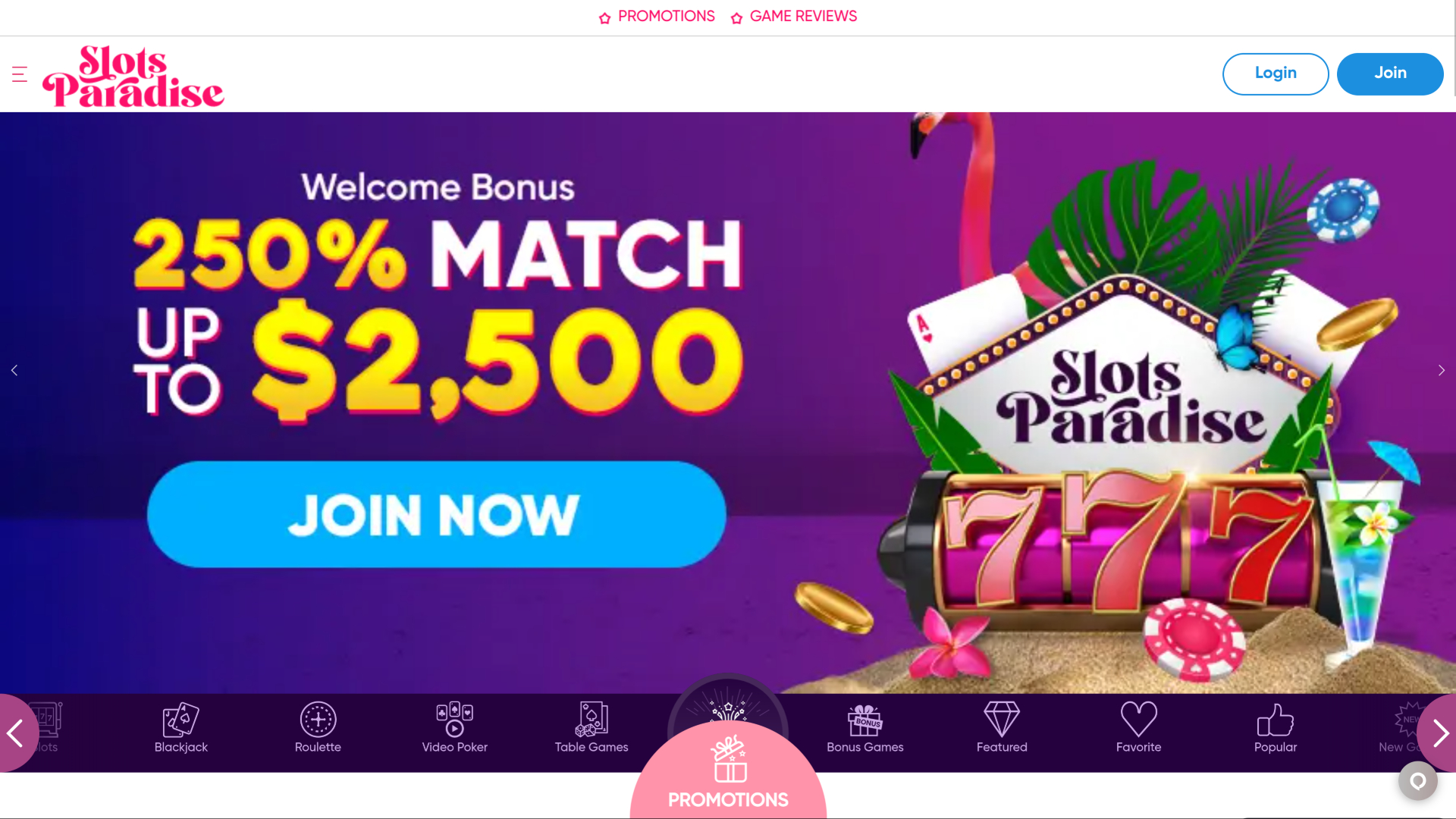 Page d'accueil de bureau de Slots Paradise Casino