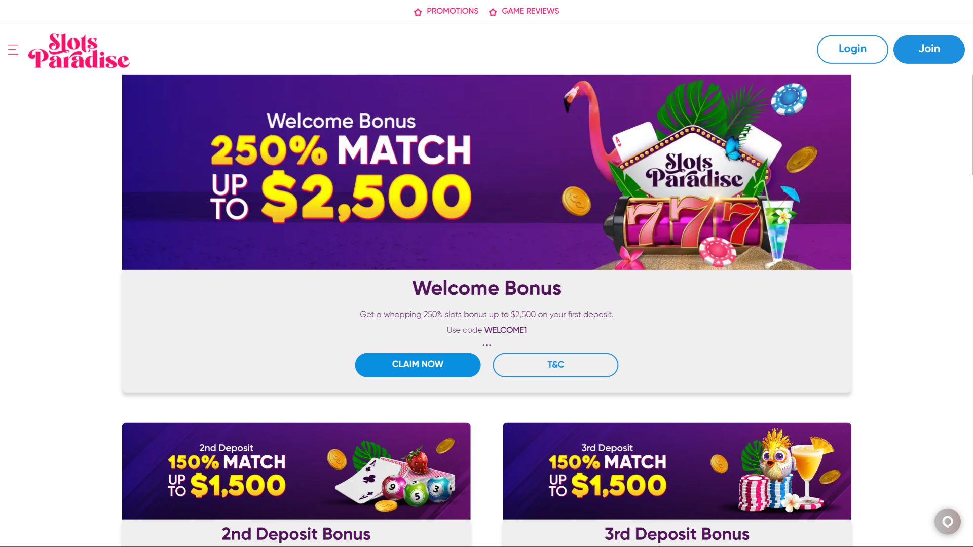 Promotions sur bureau de Slots Paradise Casino