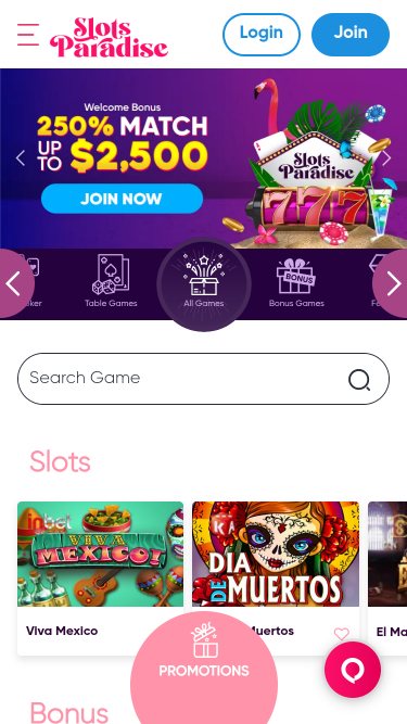 Page d'accueil mobile de Slots Paradise Casino