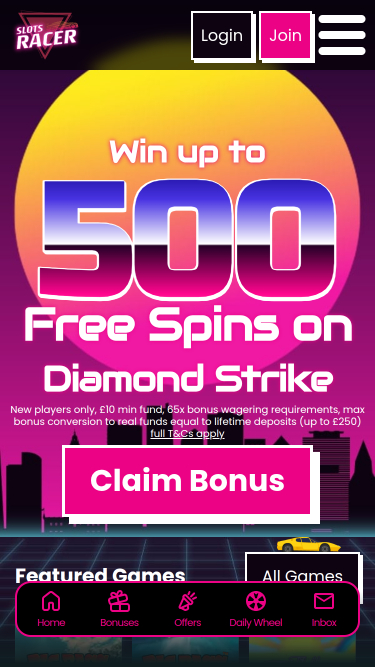 Page d'accueil mobile de Slots Racer Casino