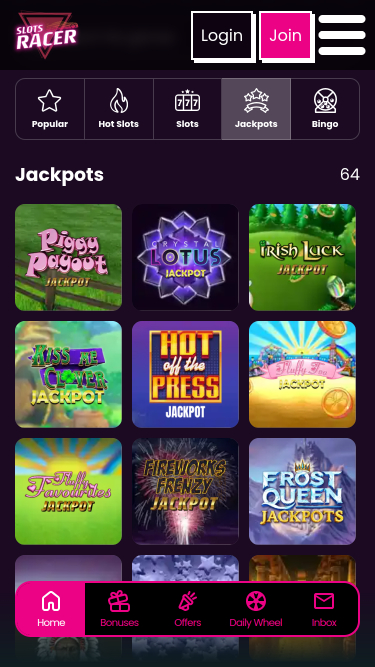 Jackpot mobile de Slots Racer Casino