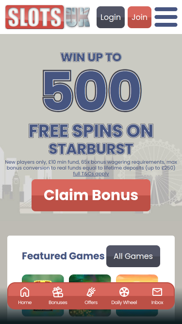 Page d'accueil mobile de SlotsUK Casino