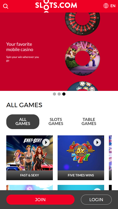 Homepage mobile di Slots.com Casino