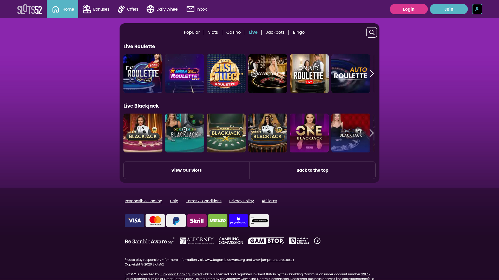 Slots52 Casino Desktop Live Dealer