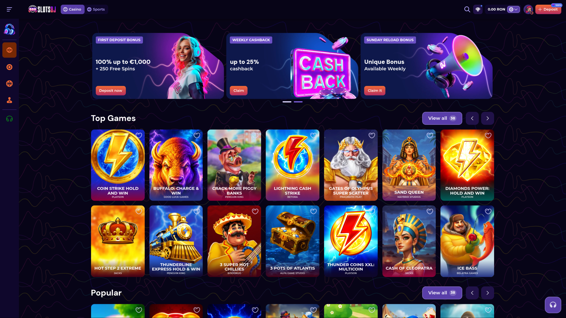 Página de inicio de escritorio del casino SlotsDj
