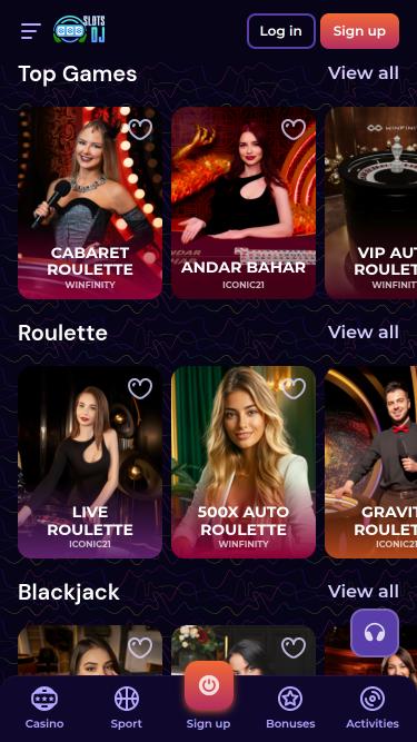 Page mobile du casino SlotsDj avec croupiers en direct