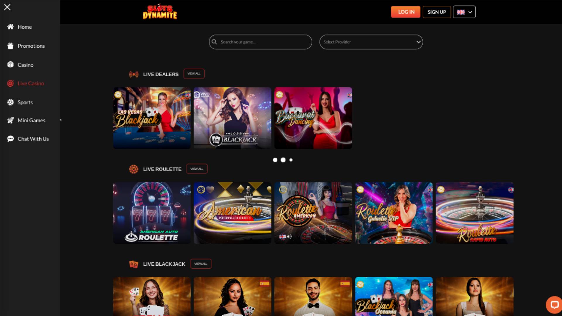 Capture d'écran de la page en direct du casino SlotsDynamite