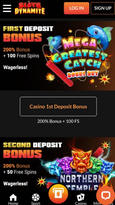 Capture d'écran de la page mobile des promotions du casino SlotsDynamite