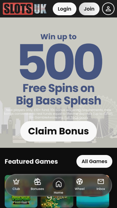 SlotsUK Casino Mobile Homepage