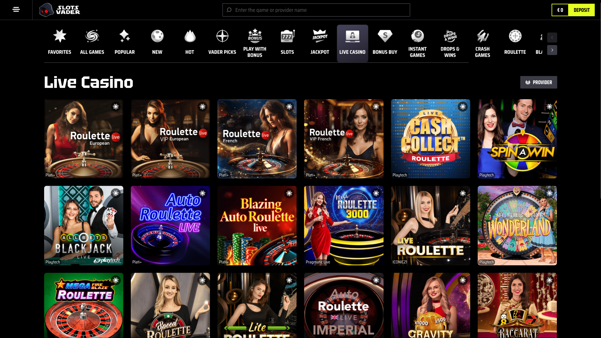 Casino SlotsVader pour ordinateur avec croupier en direct