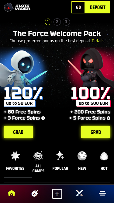 Page d'accueil mobile du casino SlotsVader