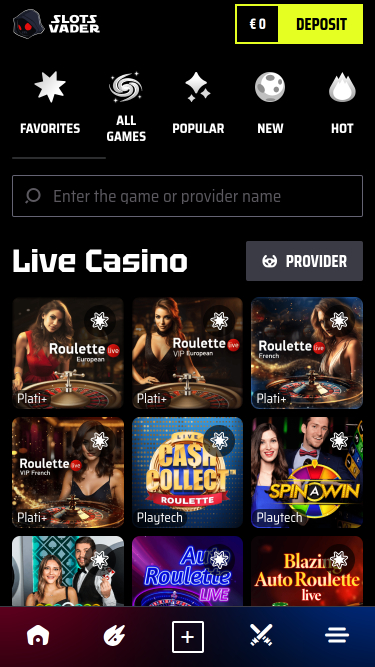 Casino mobile SlotsVader avec croupier en direct