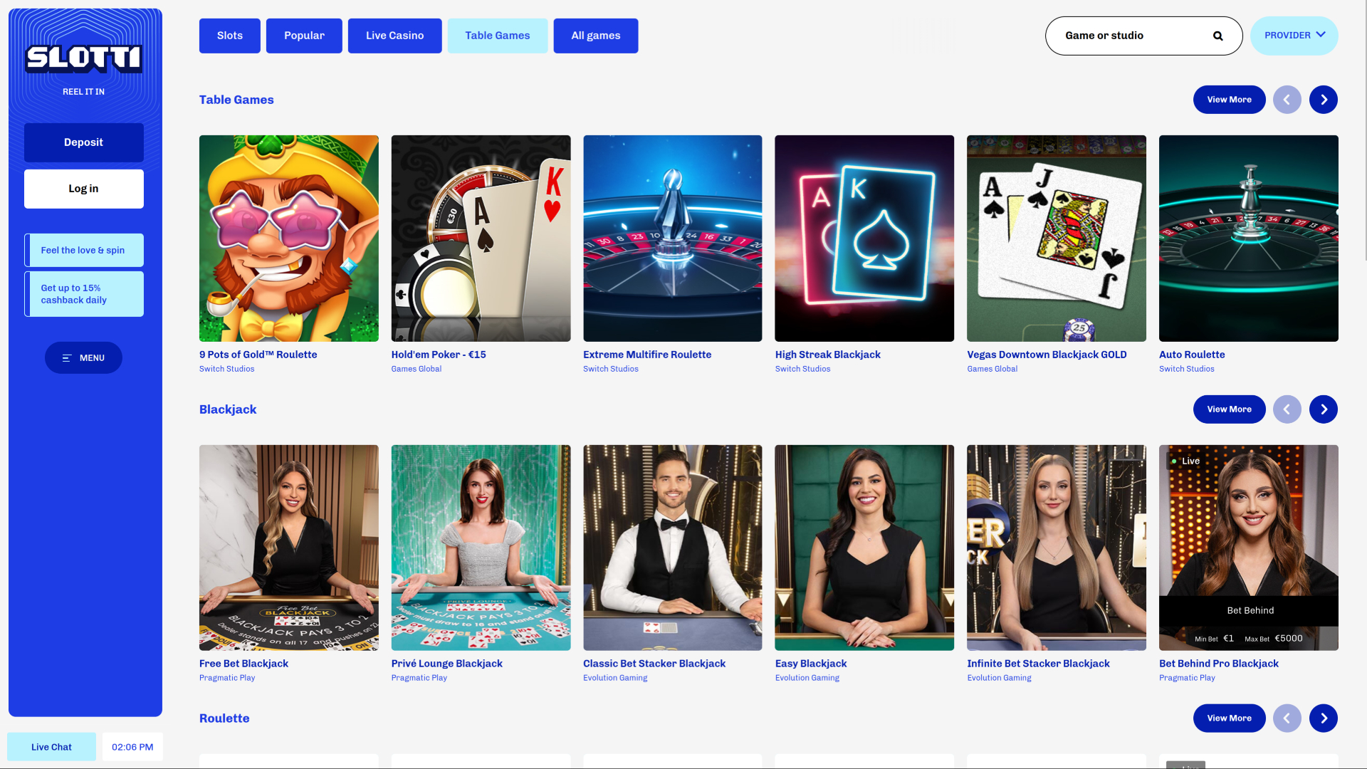 Jeux de table de casino Slotti sur ordinateur