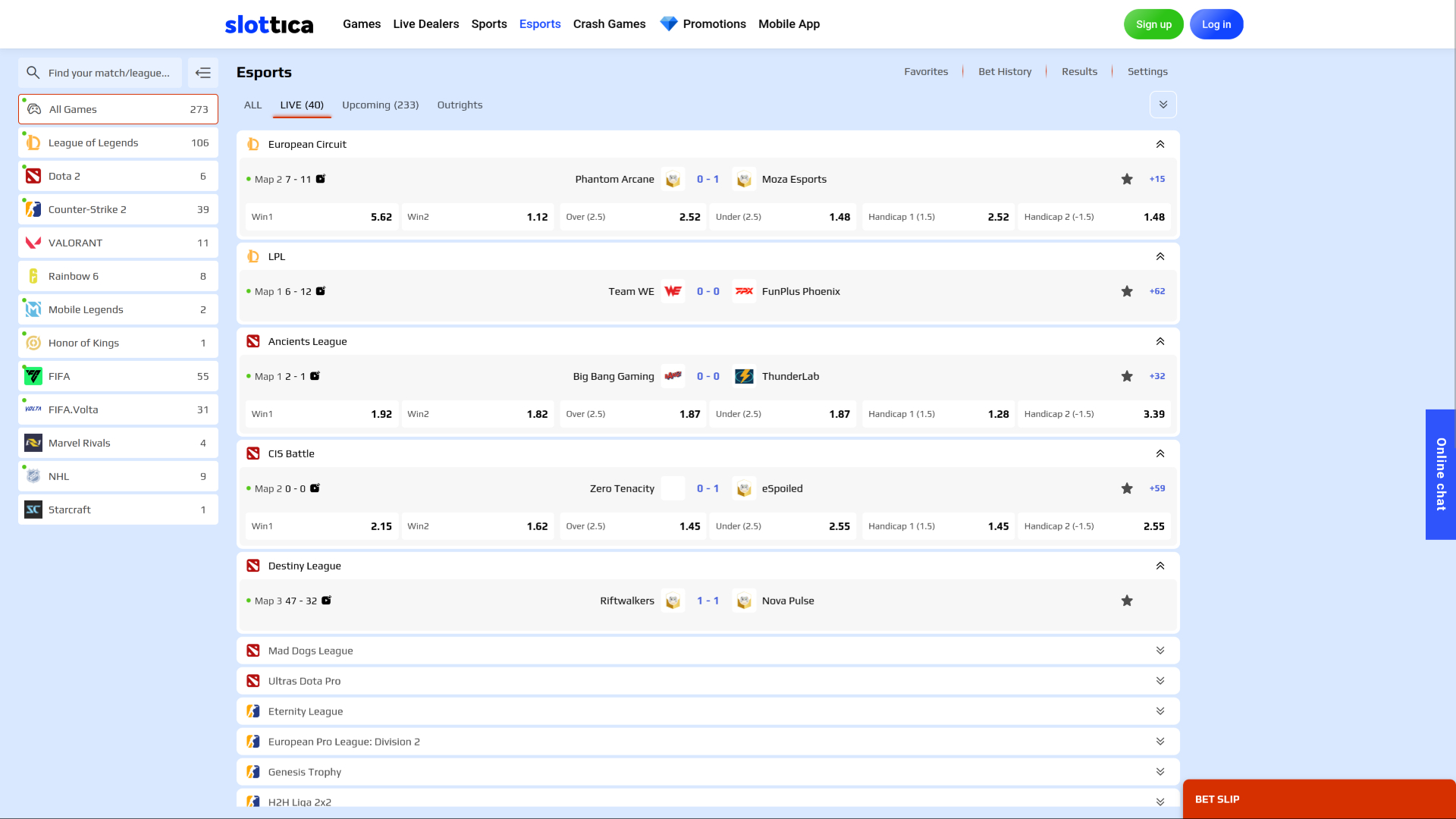 Esport sur bureau de Slottica Casino