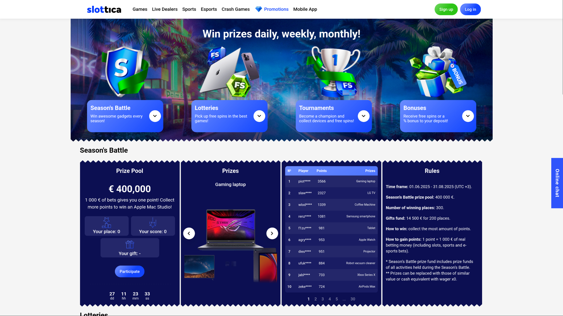 Promotions sur bureau de Slottica Casino