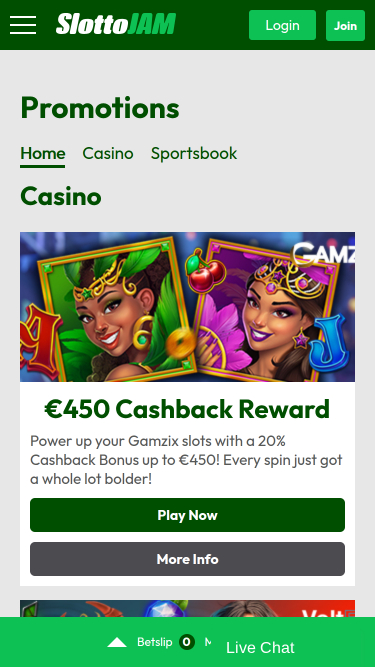 Promotions mobiles de SlottoJam Casino