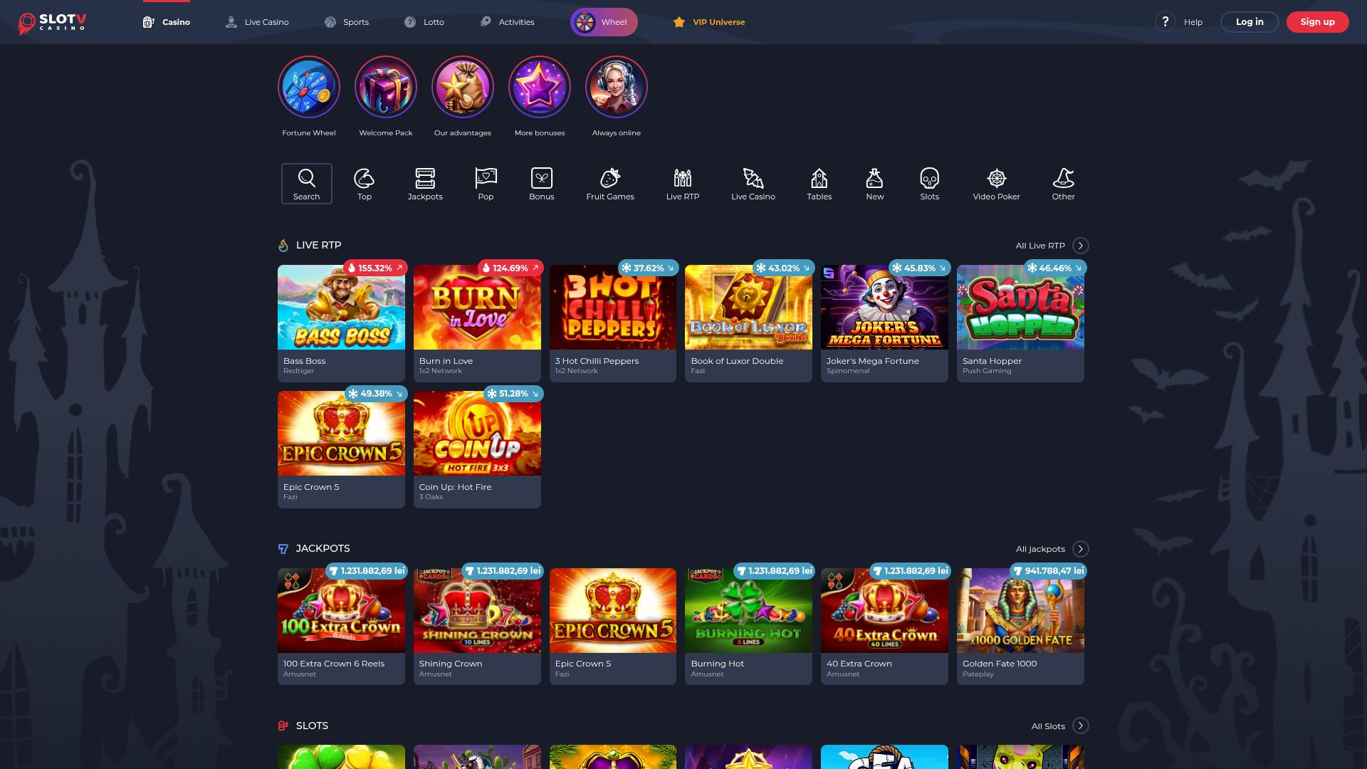 Página de inicio de escritorio del casino SlotV