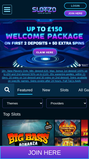 Page d'accueil mobile de Slotzo Casino