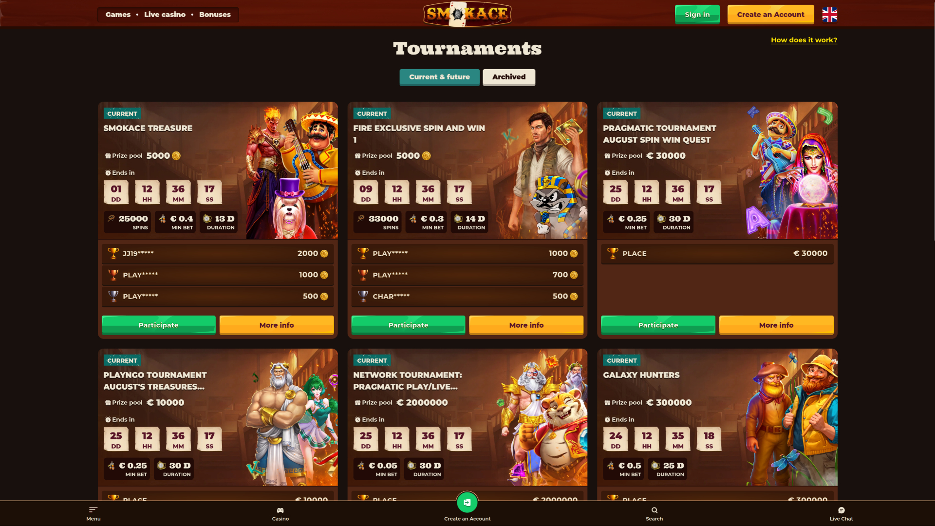 Tournois de bureau de SmokAce Casino