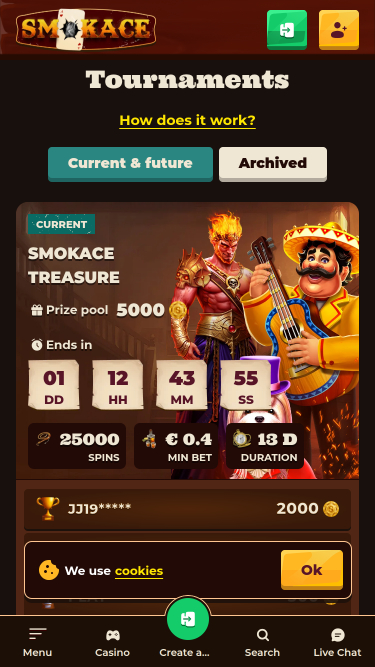 Tournois mobiles de SmokAce Casino