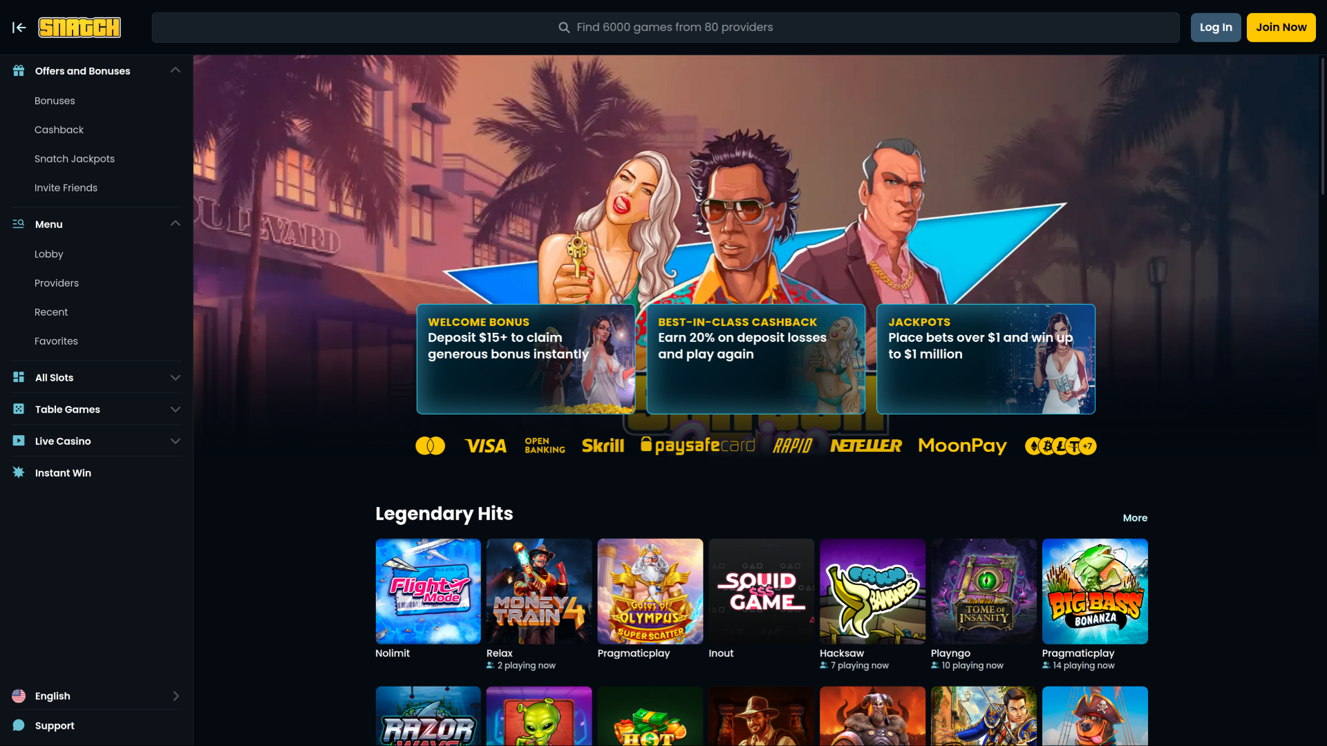 Snatch Casino Desktop Homepage