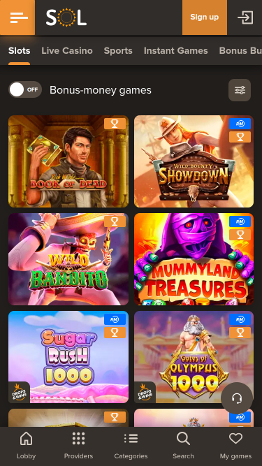 Jeux mobiles de Sol Casino