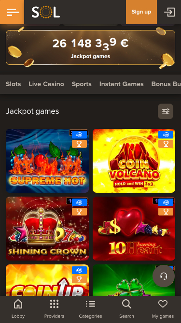 Jackpot mobile de Sol Casino
