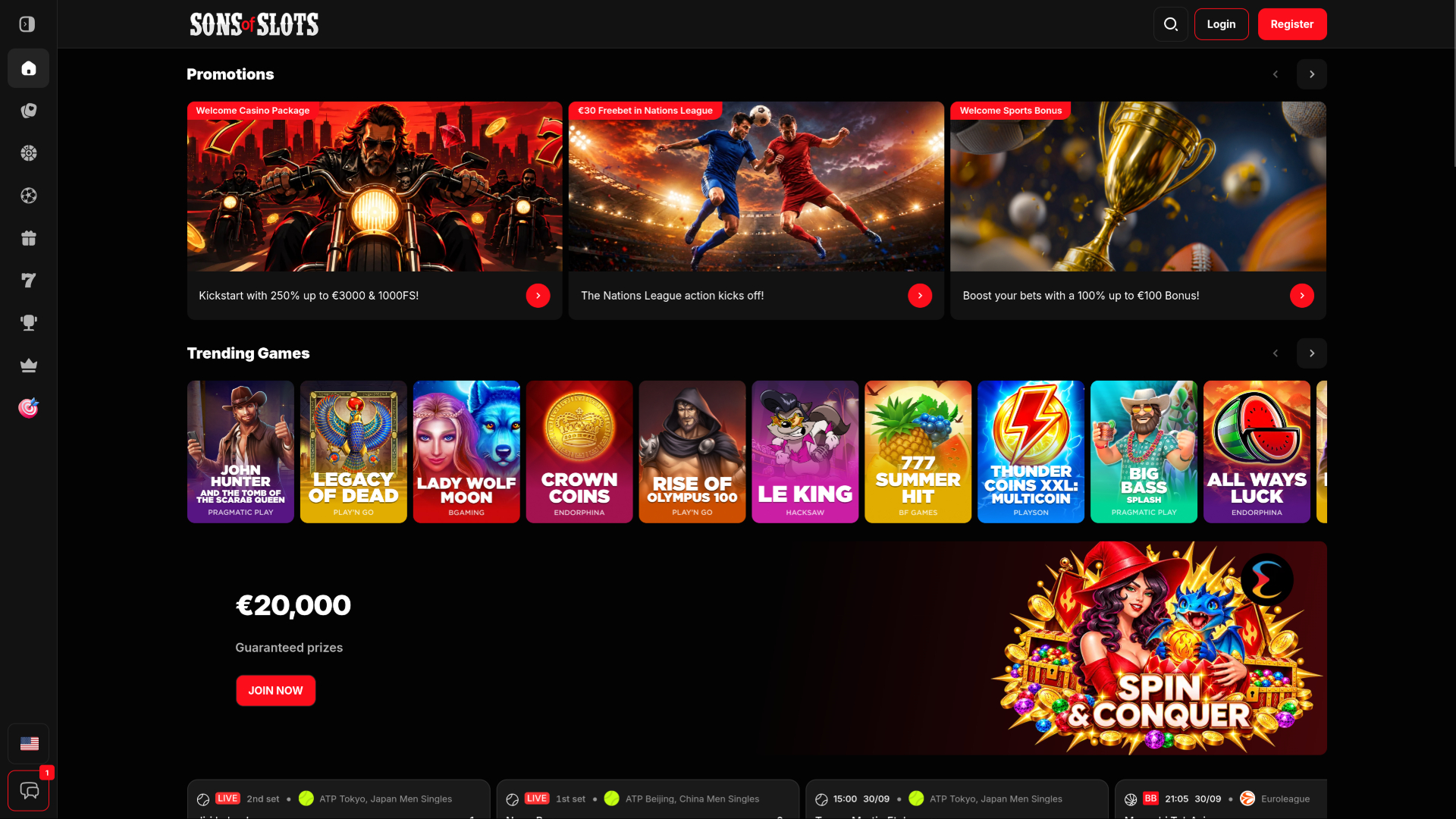 Page d'accueil du casino Sons of Slots pour ordinateur
