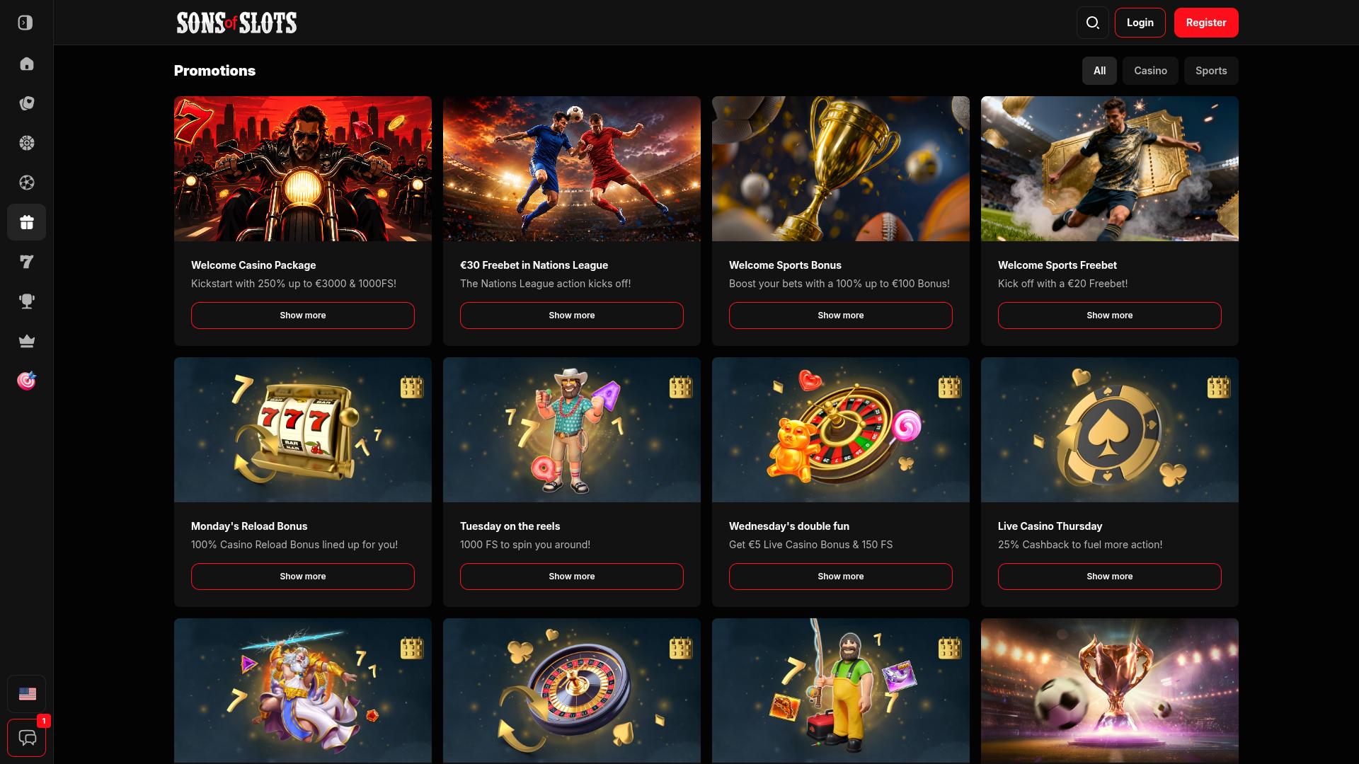 Promotions pour ordinateur de bureau du casino Sons of Slots