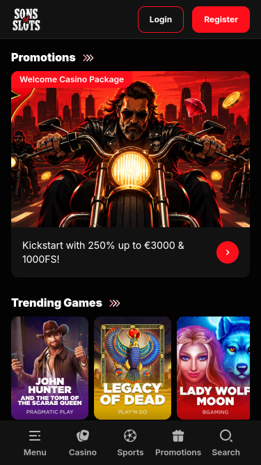 Page d'accueil mobile du casino Sons of Slots