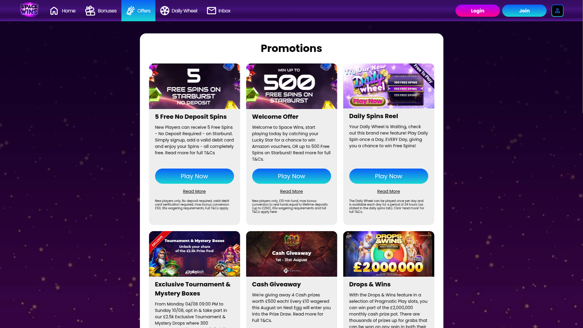 Promociones de escritorio de Space Wins Casino