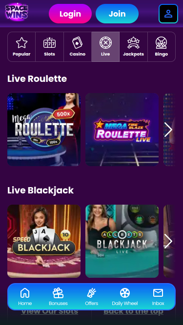 Crupier en vivo móvil de Space Wins Casino