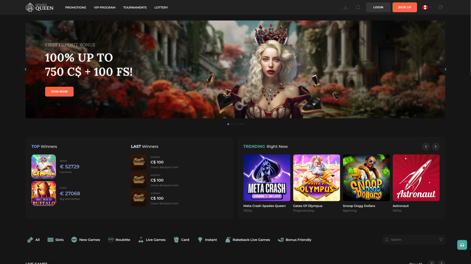 Spades Queen Casino Desktop Homepage