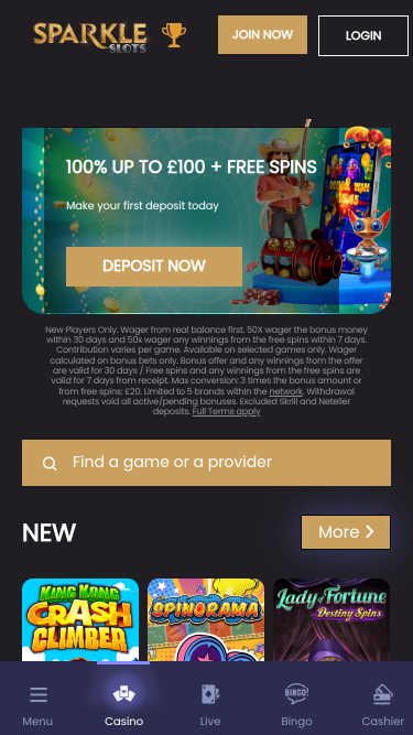 Página de inicio móvil de Sparkle Slots Casino