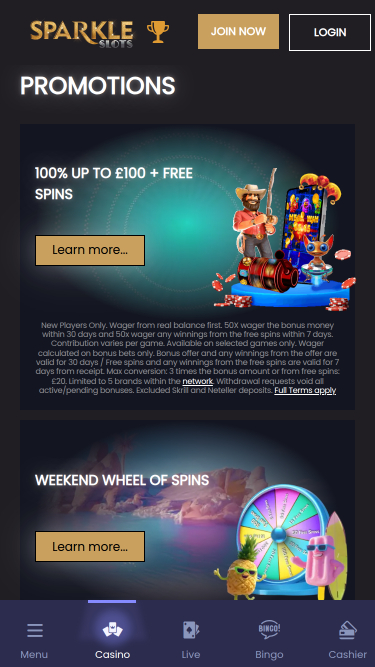 Promociones móviles de Sparkle Slots Casino