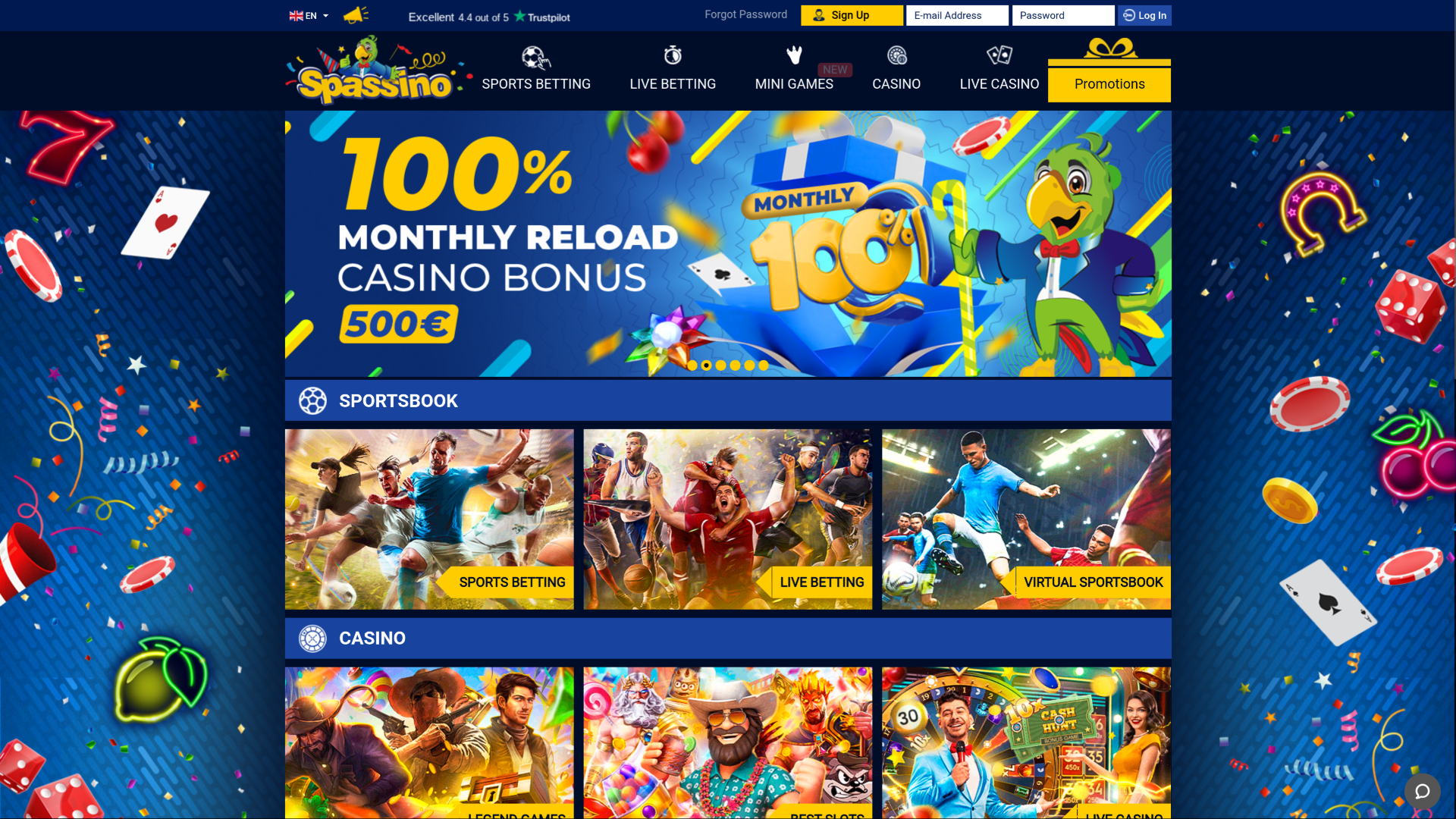 Página de inicio de escritorio de Spassino Casino