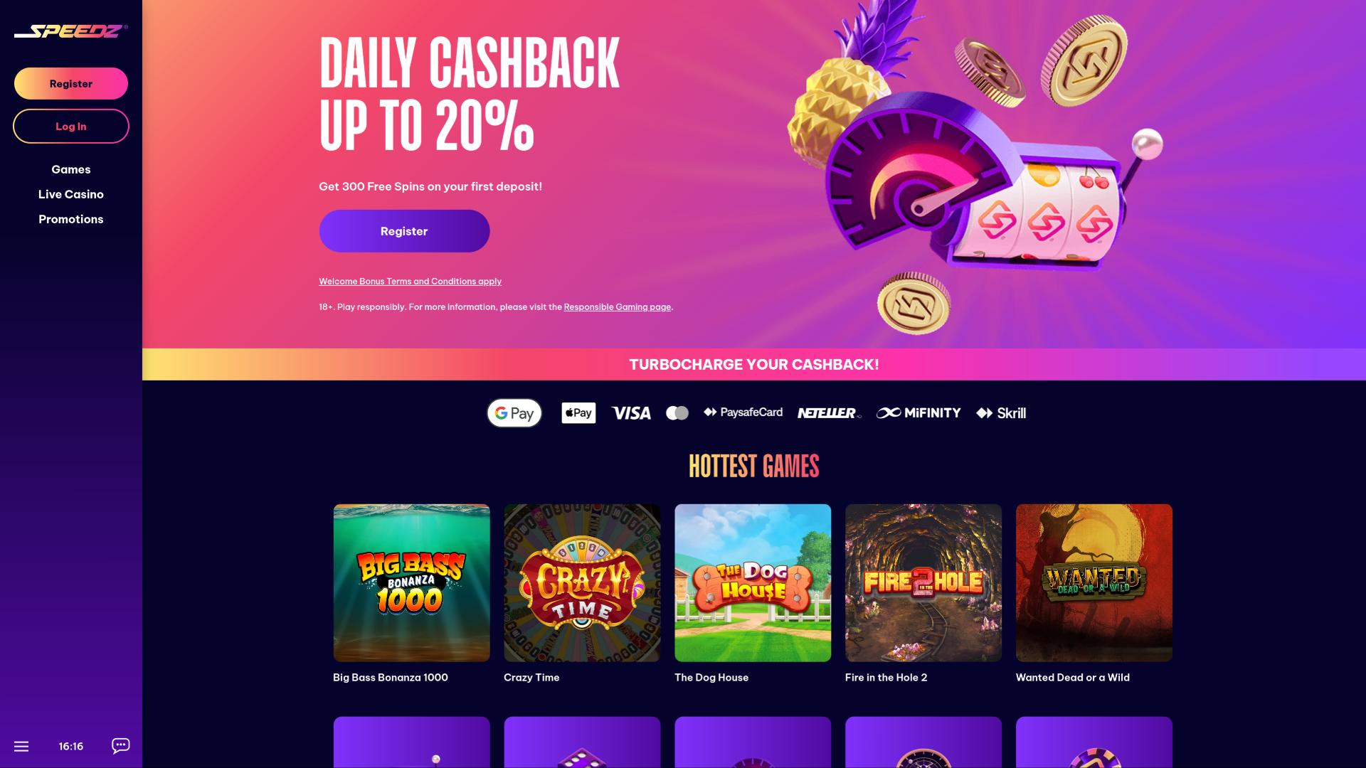 Speedz Casino homepage