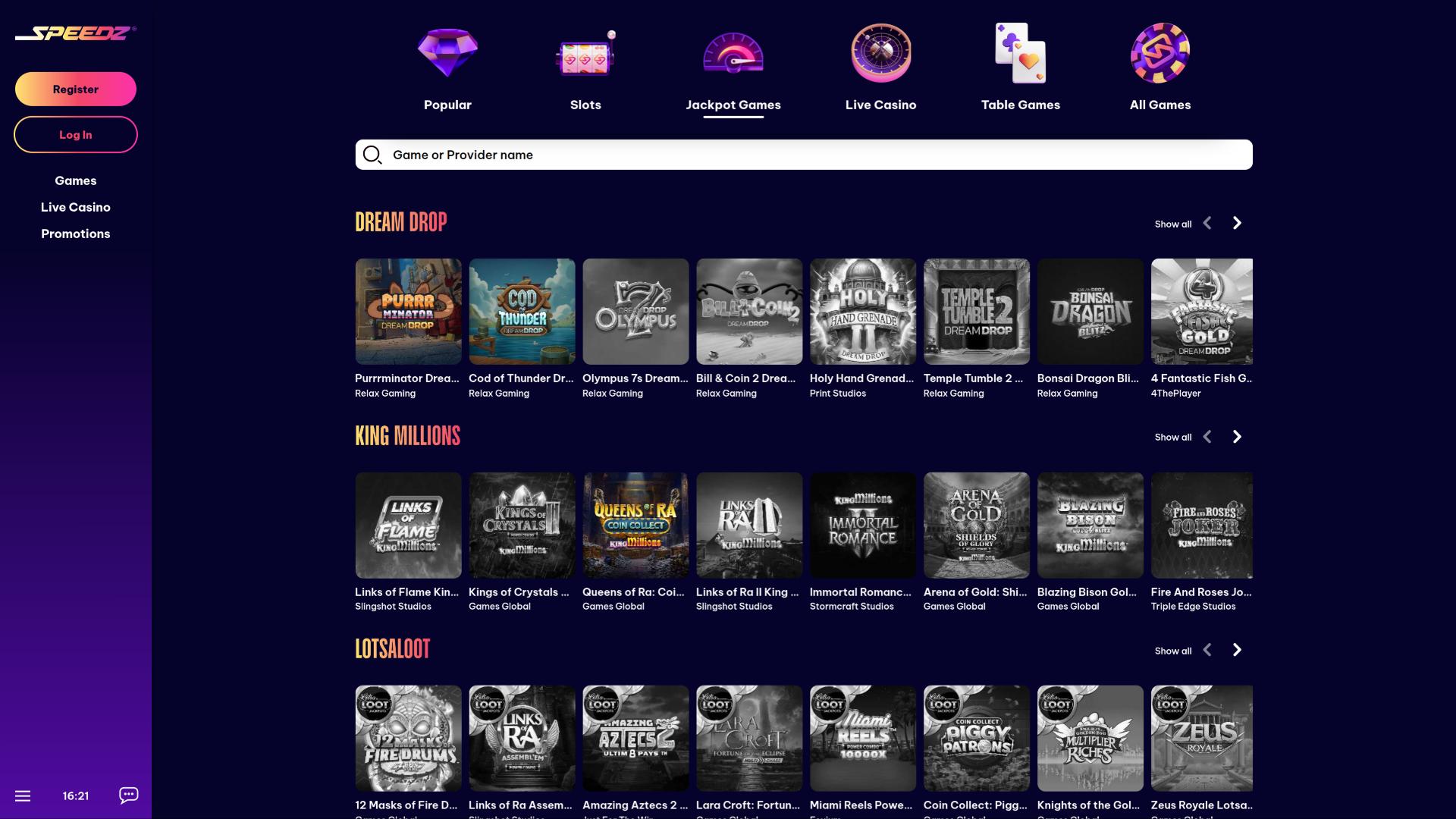 Speedz Casino jackpot page
