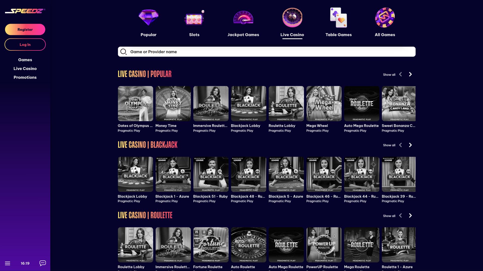 Speedz Casino live dealer page