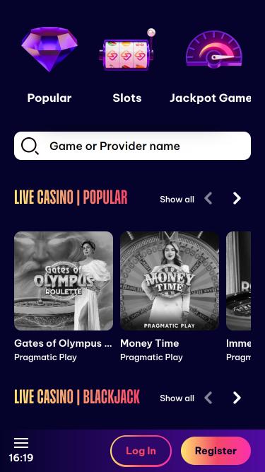 Speedz Casino live dealer mobile page