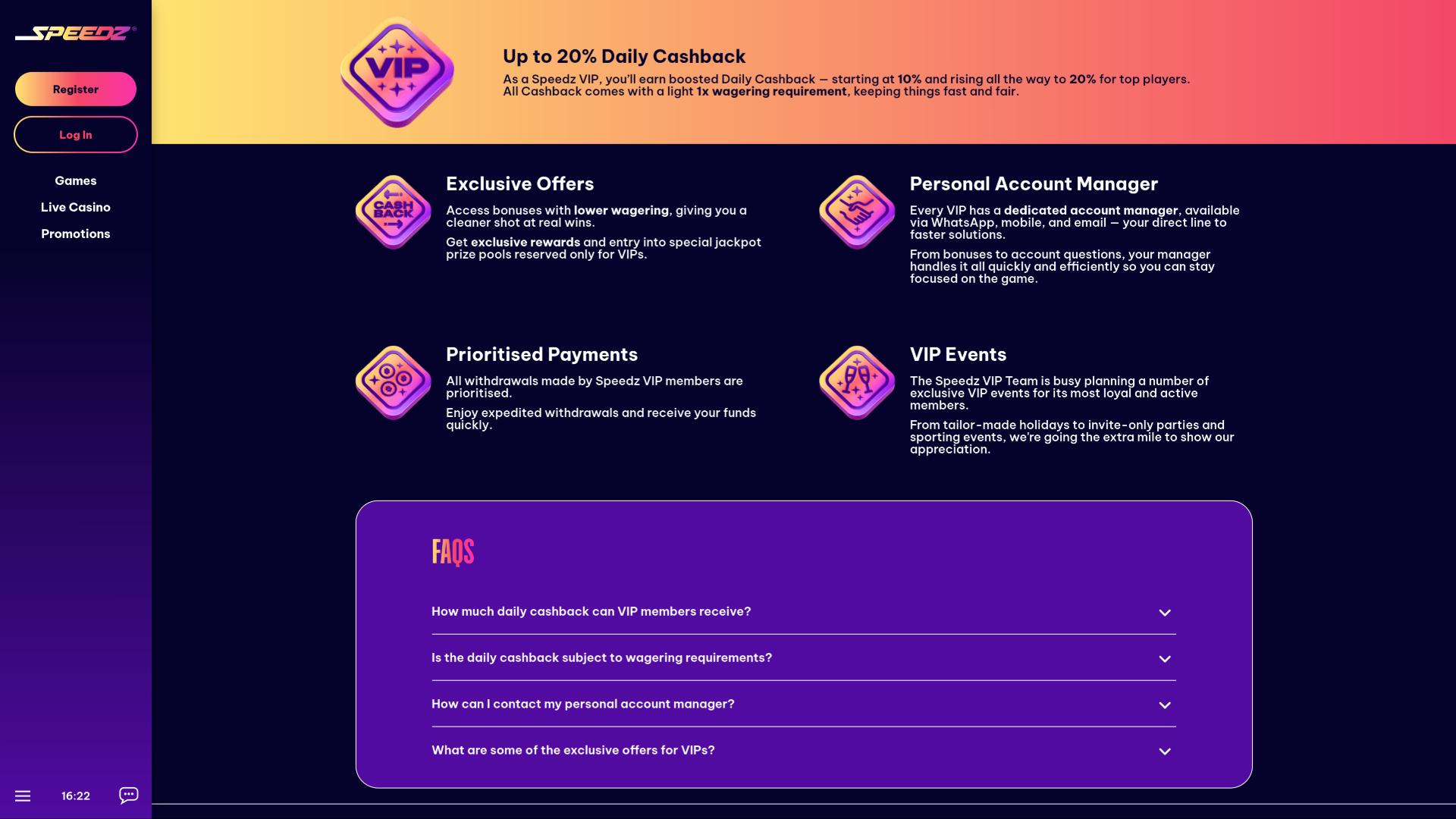 Speedz Casino VIP page
