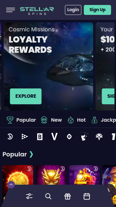 Homepage mobile di Stellar Spins